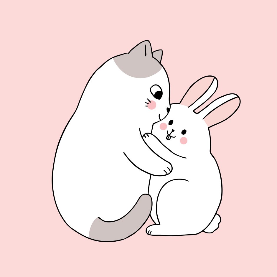 Котик и зайчик обнимаются