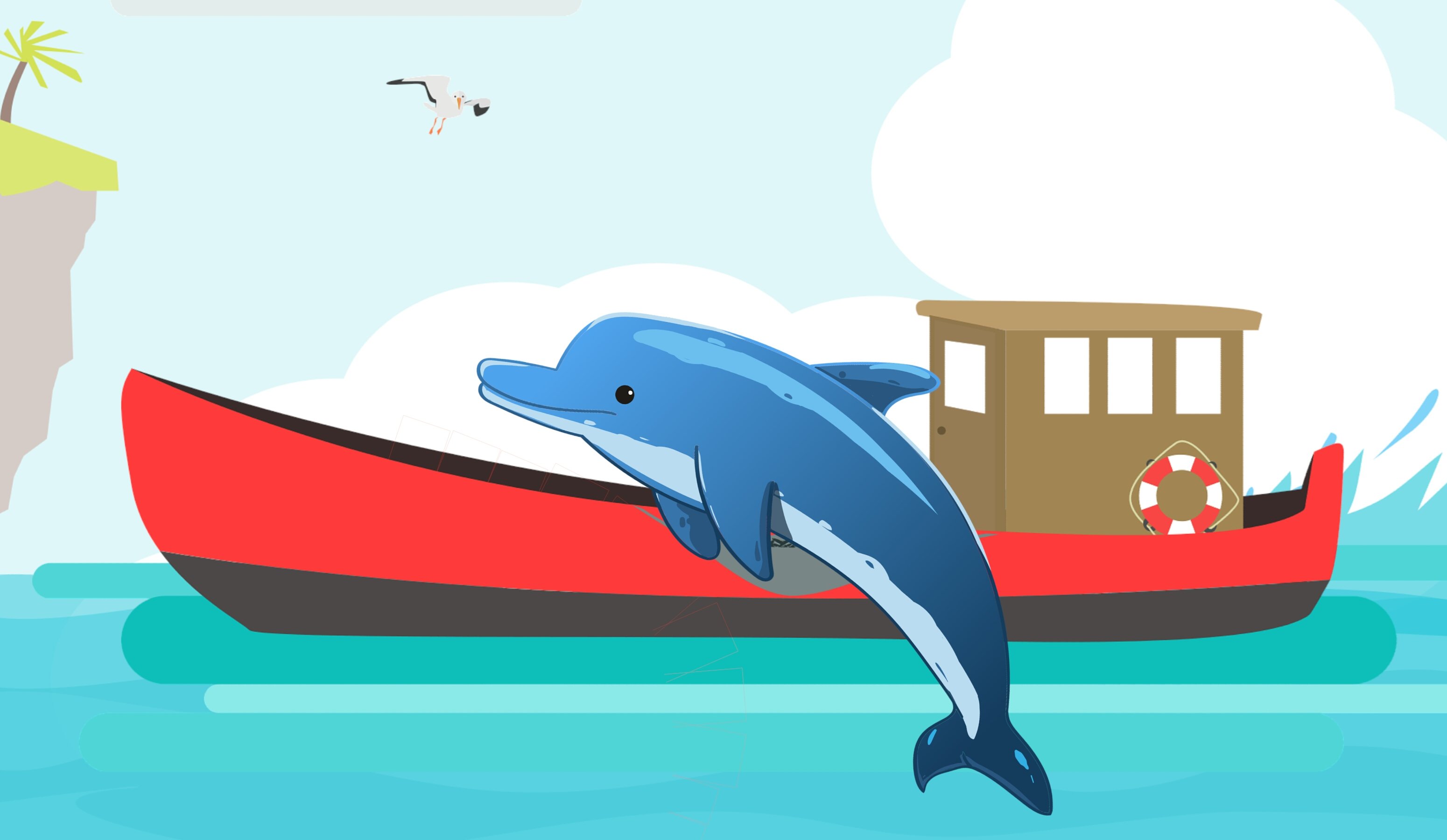 Дельфины уплывают в океан слушать. Дельфин мультяшный. Дельфин в море рисунок. Корабль и дельфины. Дельфины мультяшные.