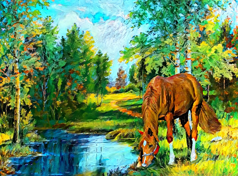 Картина с лошадьми и березами