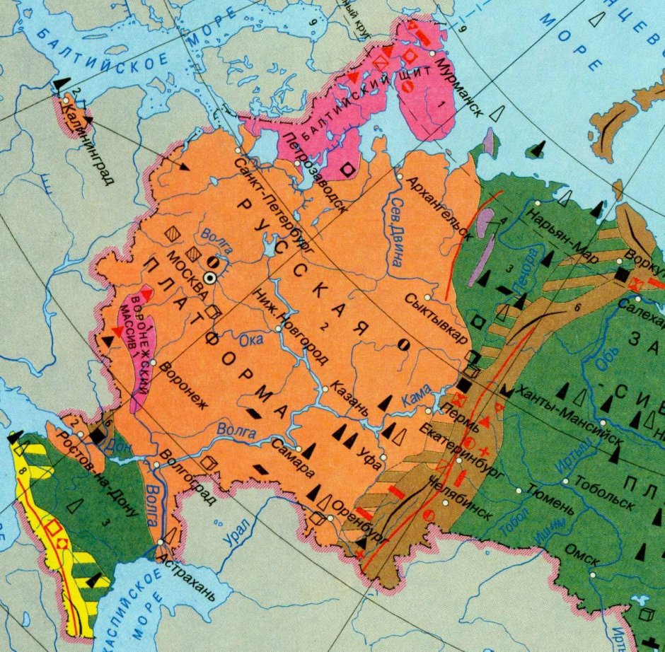 Полезные ископаемые Восточно-европейской равнины карта