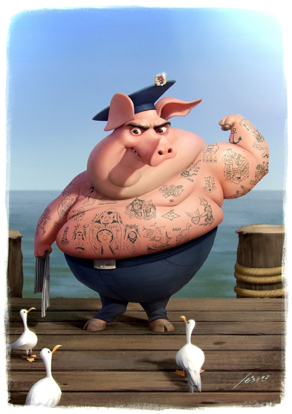 Карикатура свиньи за столом