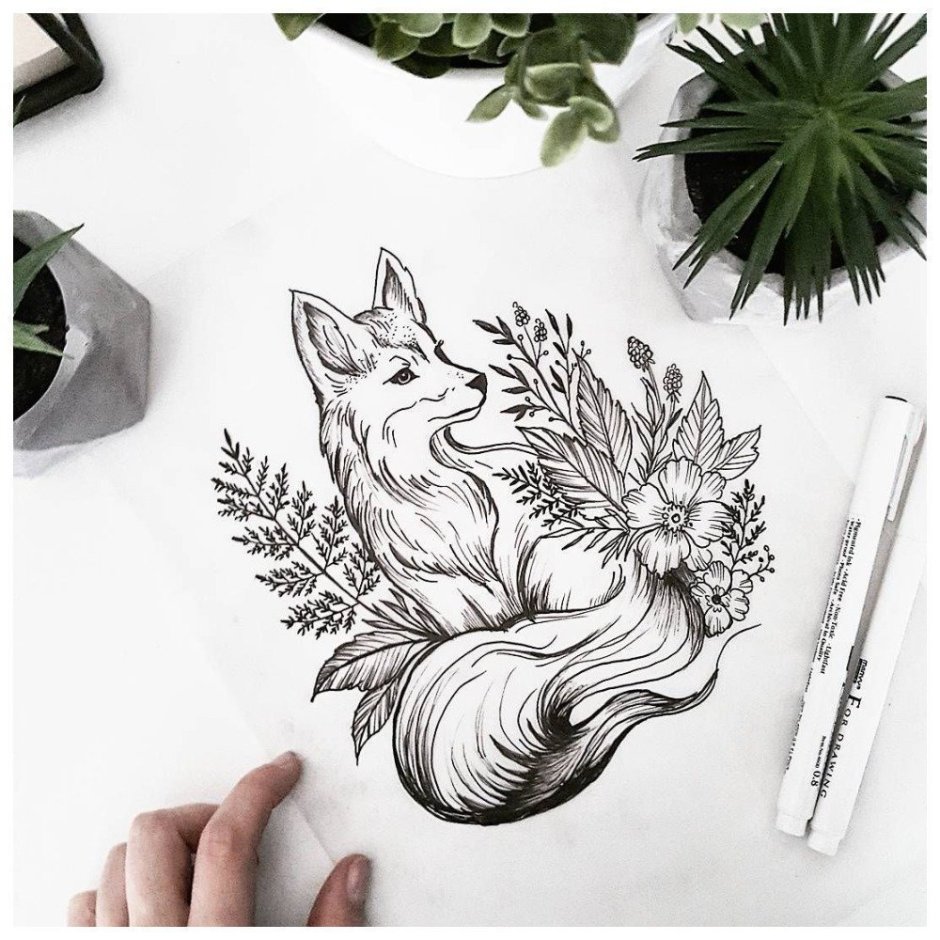 Тату лисы черно-белые