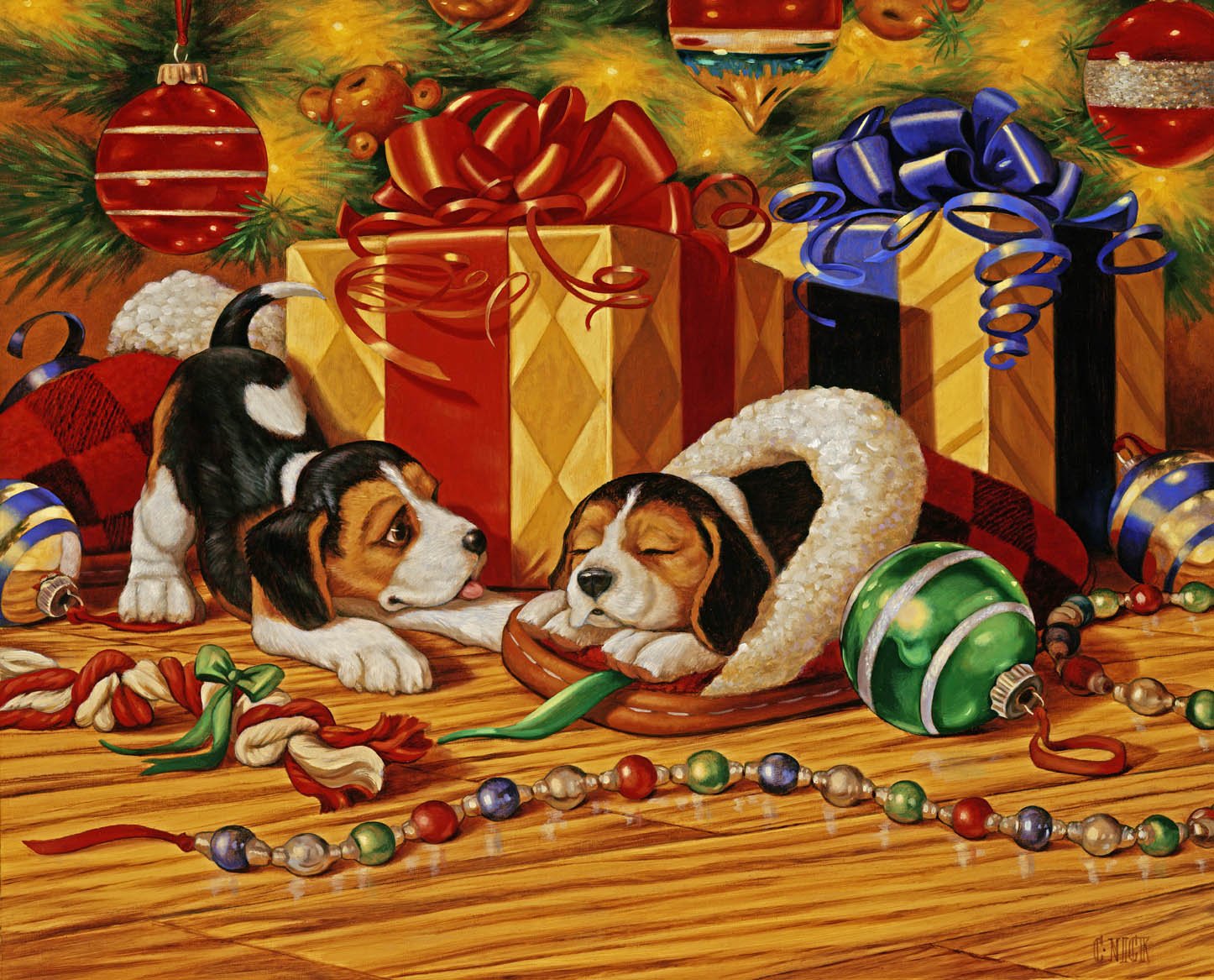 Проводим год собаки. Рождественский Бигль. Новогодний пес Бигль. Открытки с новым годом с биглем. Бигль живопись.