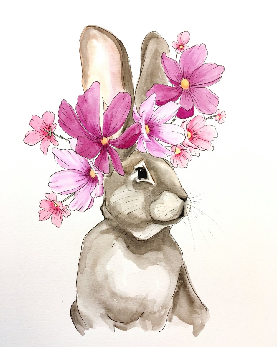 Зайчик с цветочками акварель