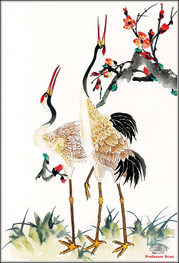 Китайская живопись птицы Журавли