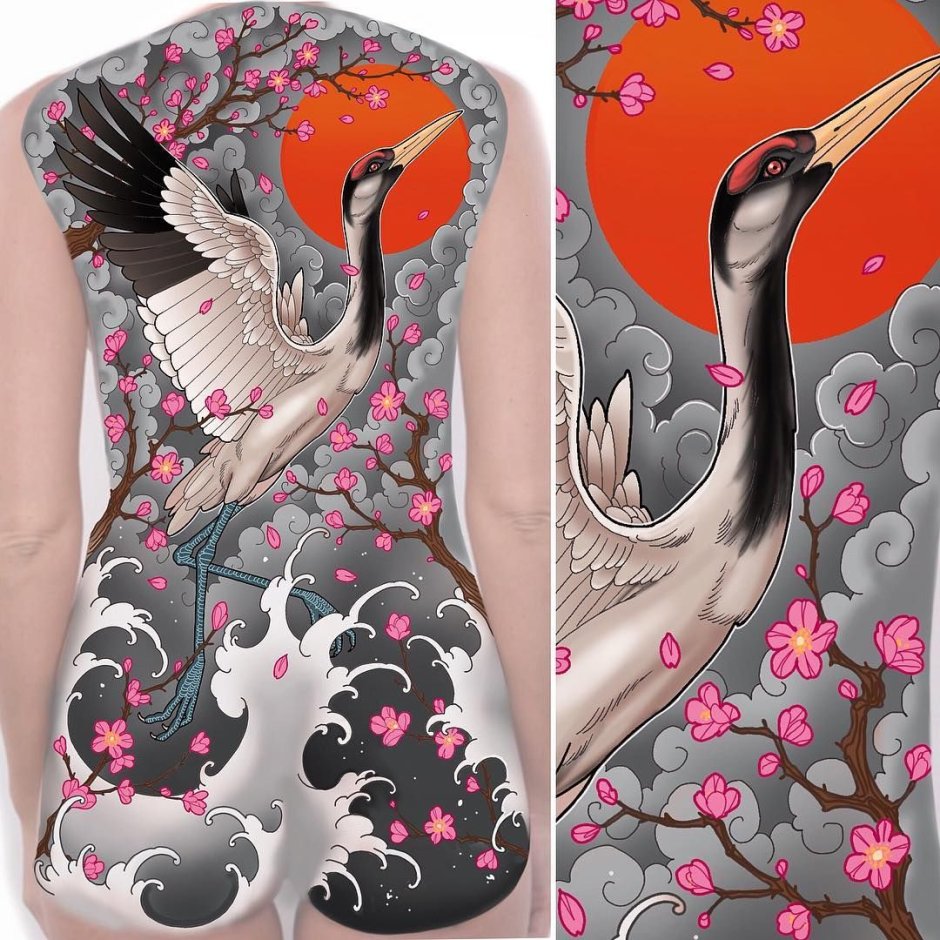 Японский орнамент древней Японии журавль