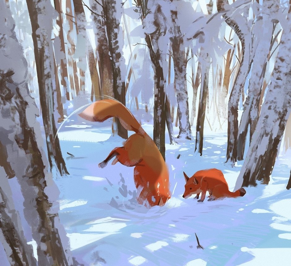 Зимний пейзаж с лисой