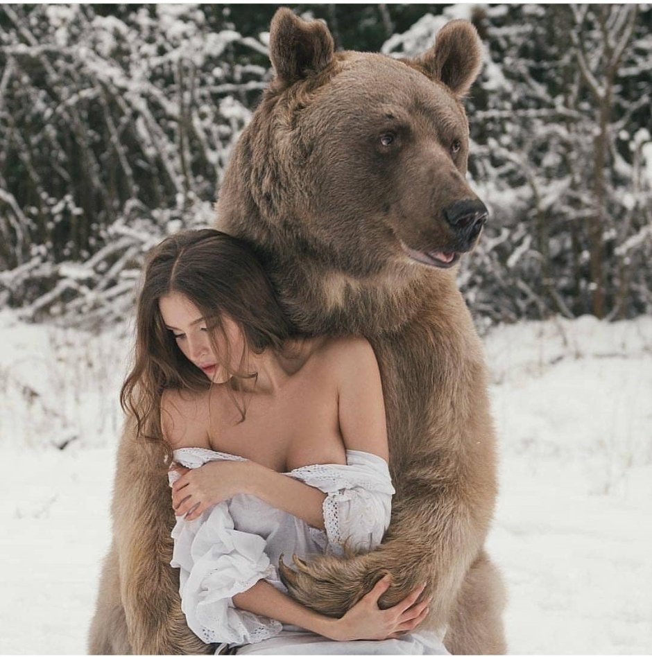 Медведь обнимает девушку