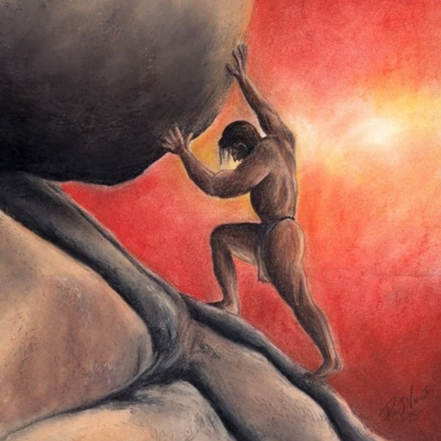 Человек толкает гору