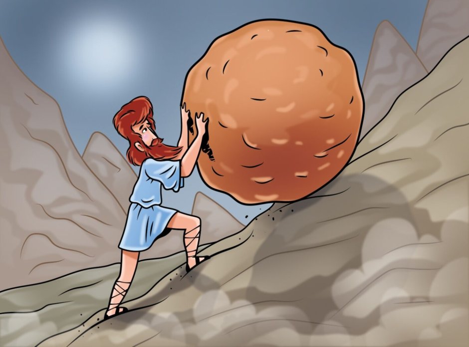 Человек толкает камень в гору