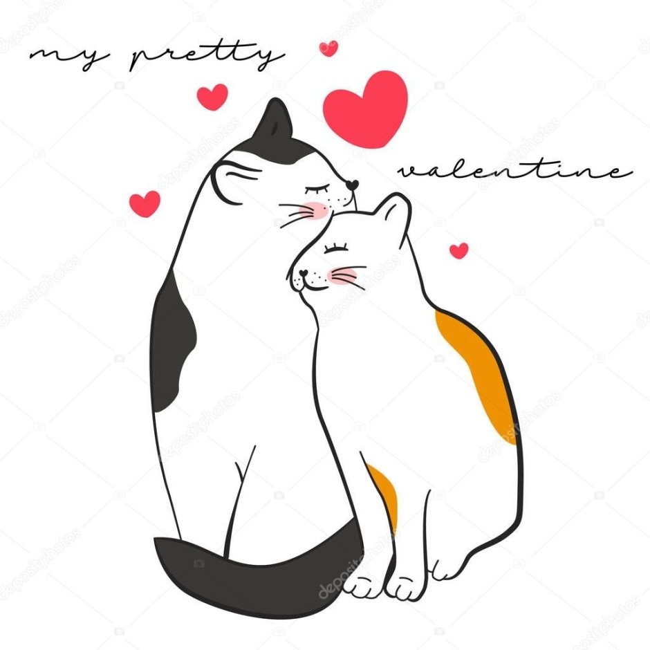 Котики обнимаются с сердечками