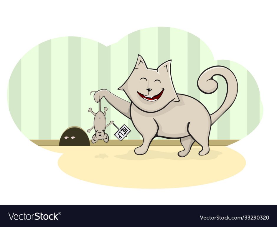 Кот поймал мышь за хвост