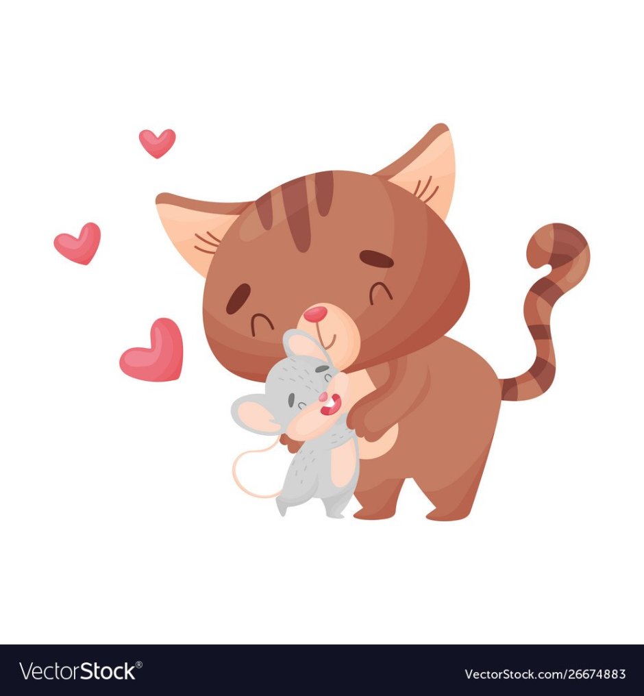 Кот обнимает мышку
