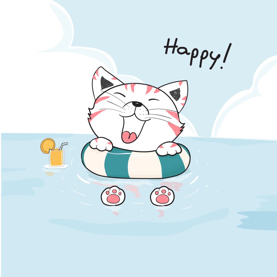Котик в море нарисованный милый