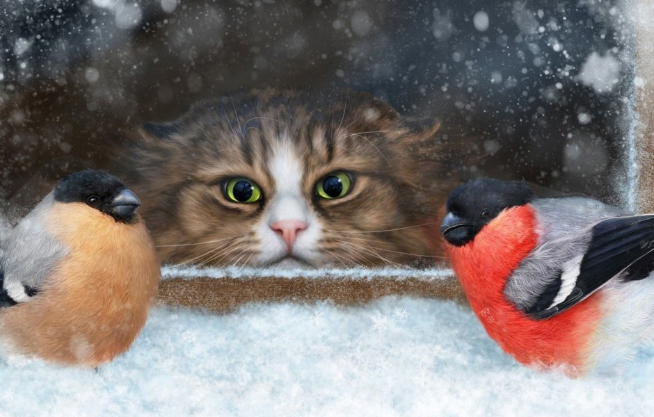 Снегири и коты