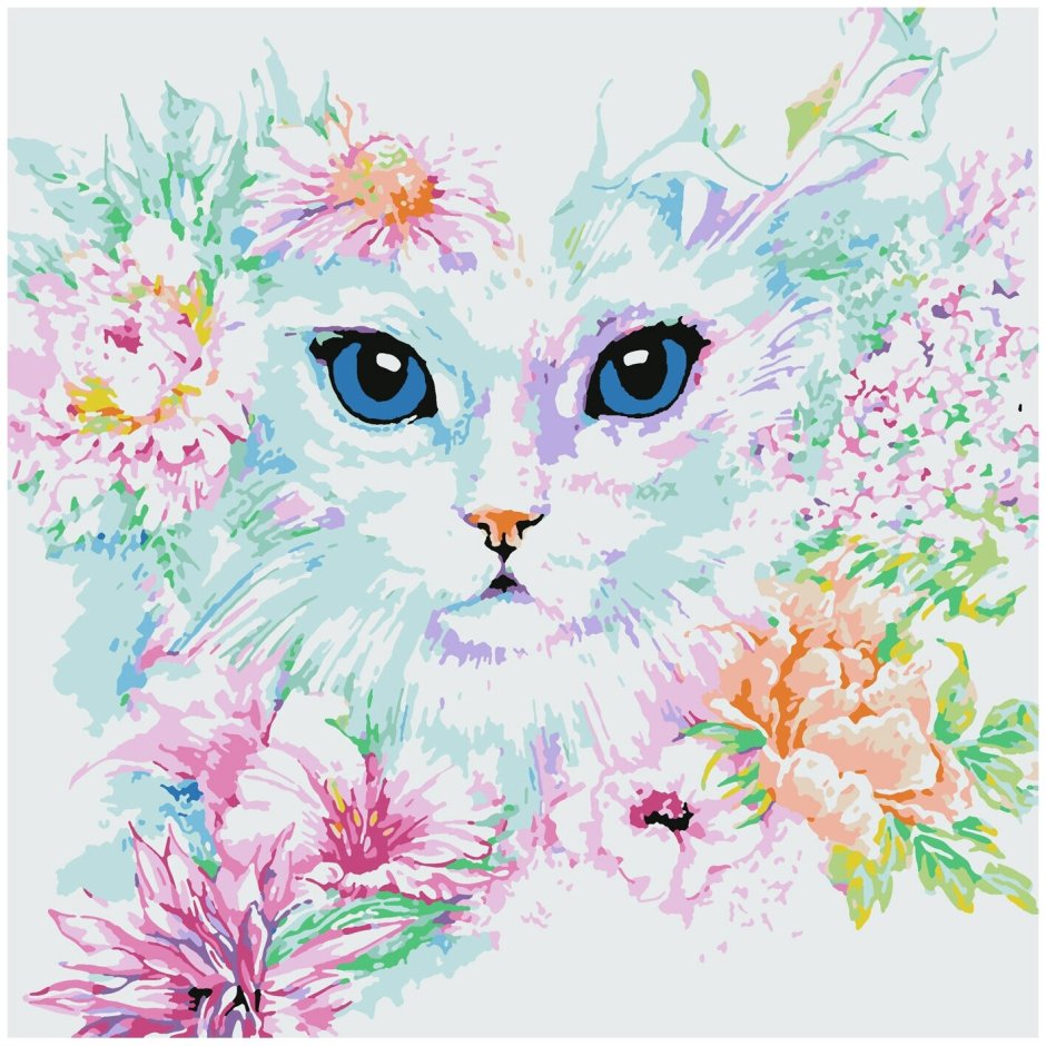 Кот с цветами акварель