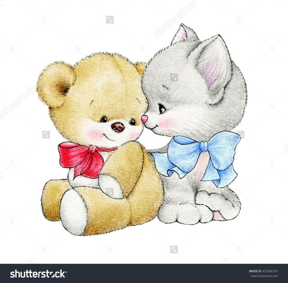 Медвежонок обнимает котенка