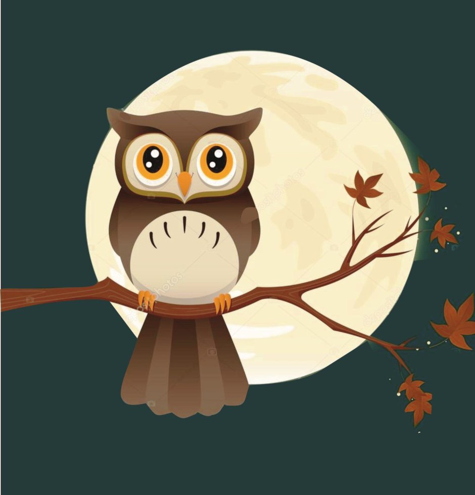 Сова на ветке на фоне Луны