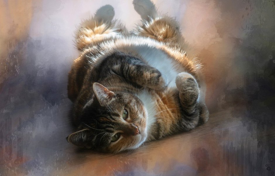 Кошка лежит живопись