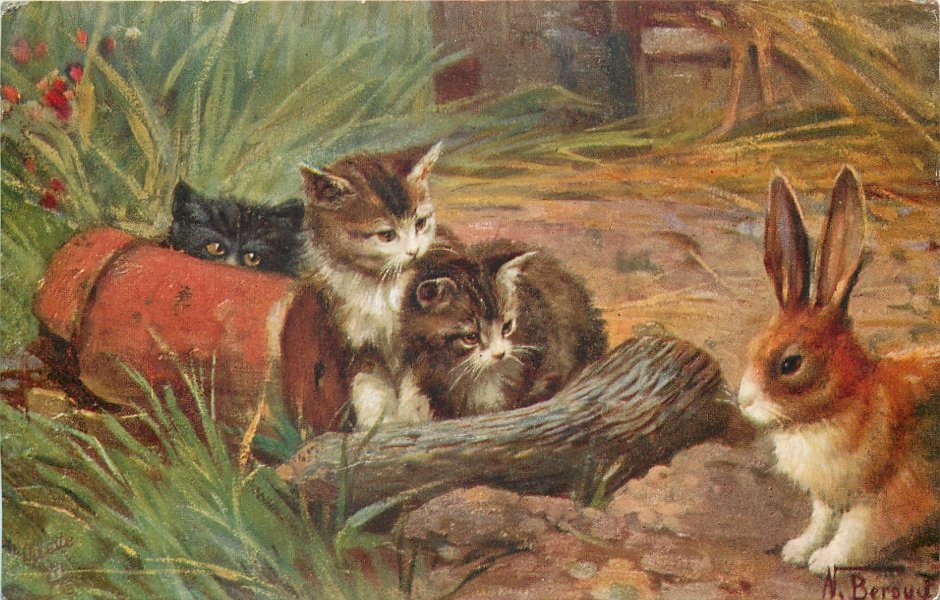 Кролик и котенок живопись