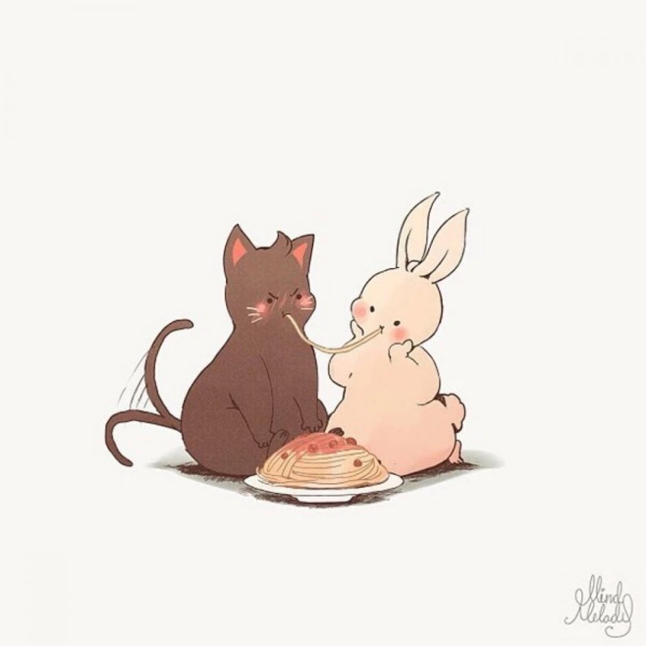 Кролик и котенок арт