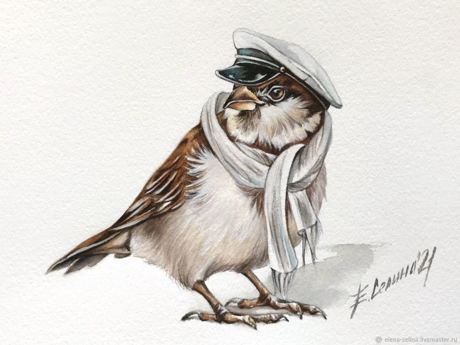 Воробей акварелью