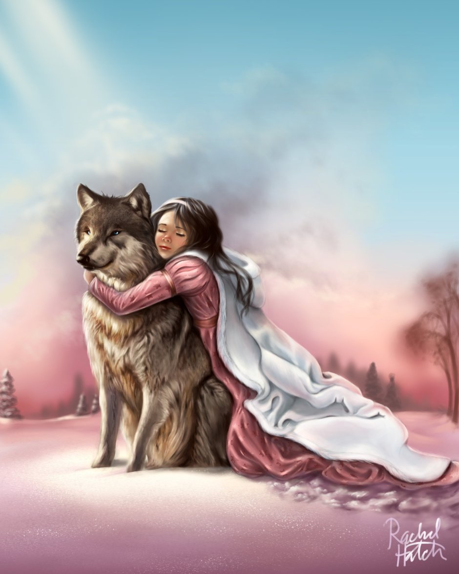 Девочка обнимает волка