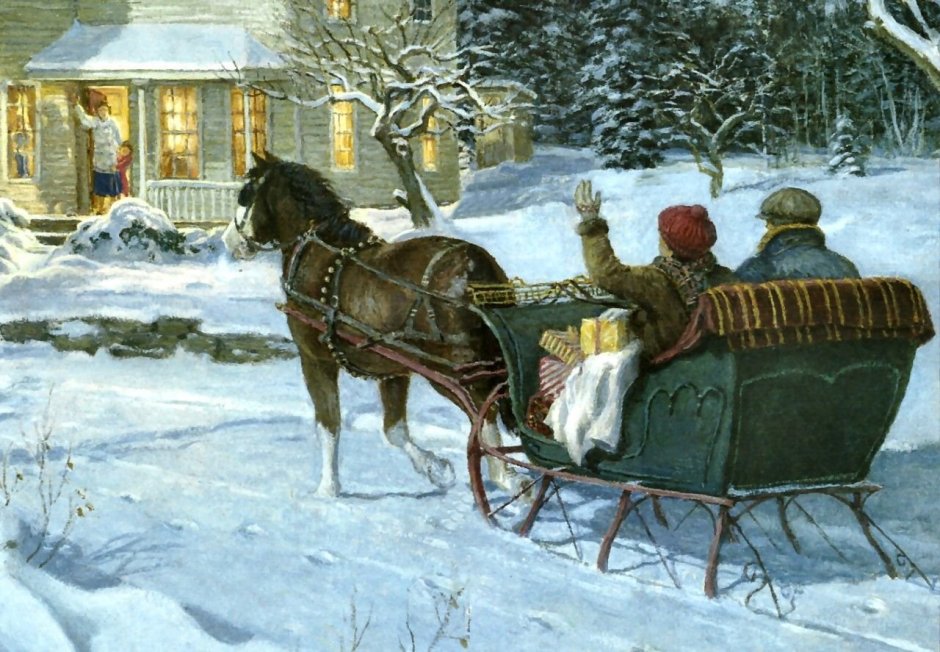 Лошадь запряженная в сани