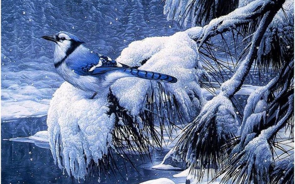 Птицы в зимнем лесу живопись