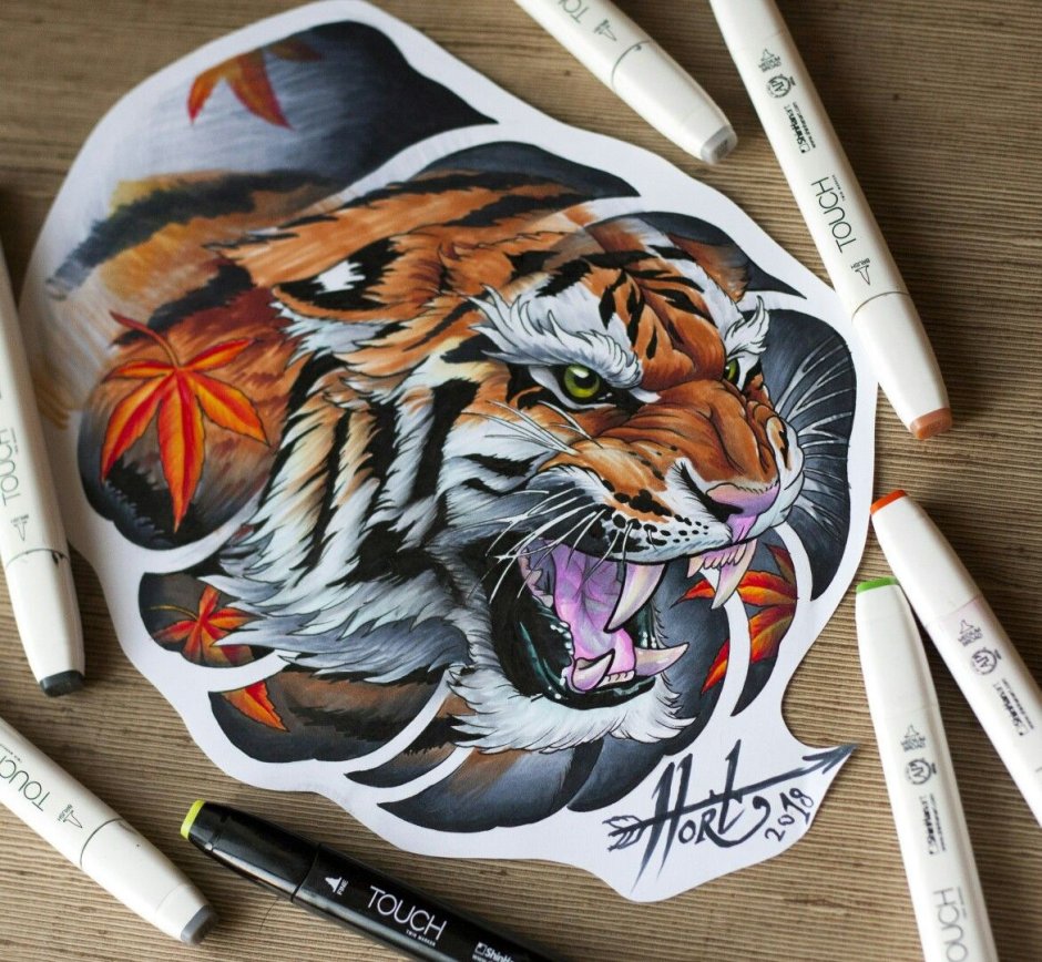 Тигр тату эскиз цветной