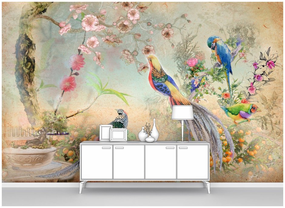 Обои с птицами в интерьере