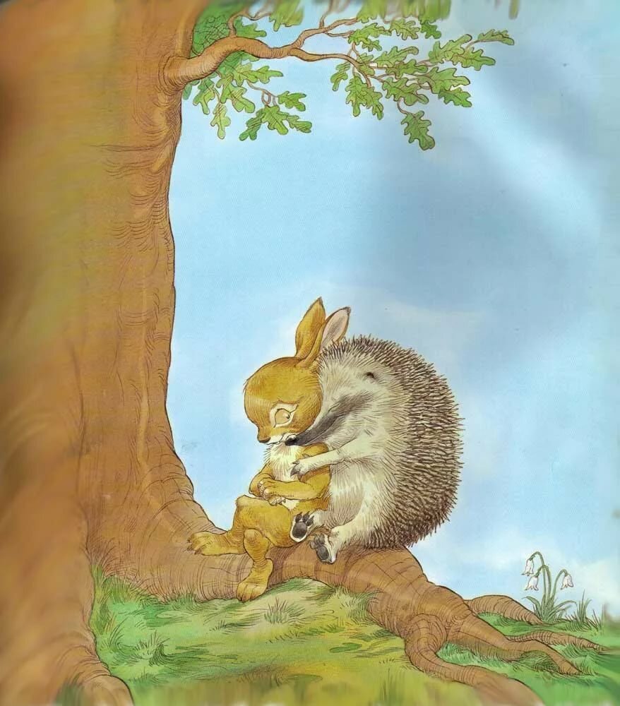 Зайчик обнимает ежика