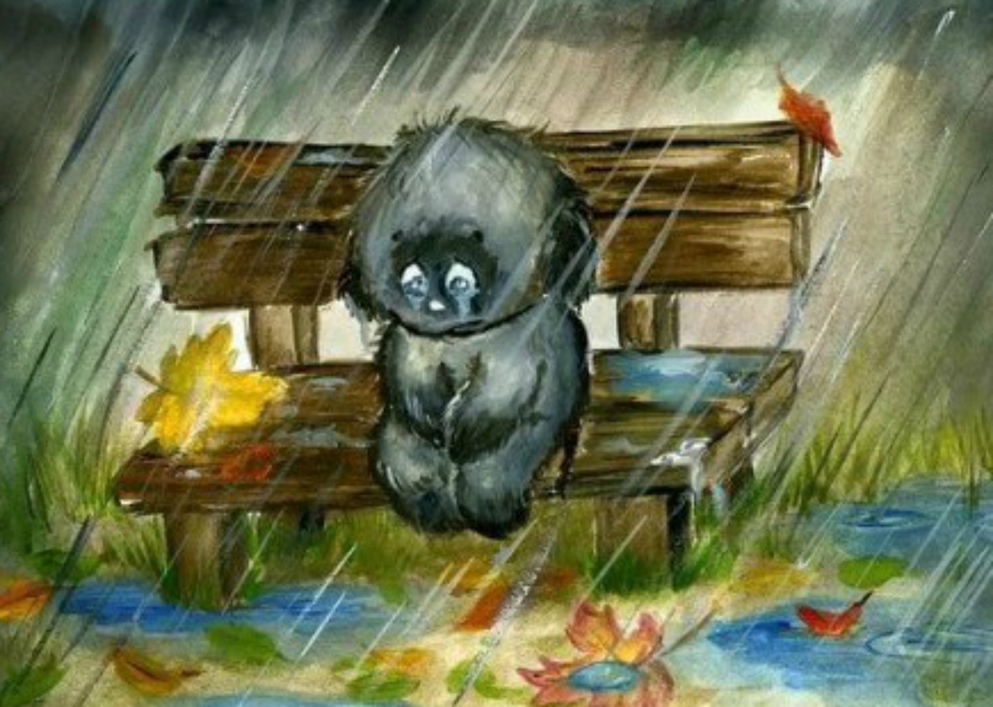 Печаль и весел весел и печаль. Грустный дождик. Грустные картины. Дождь рисунок. Ежик под дождем на скамейке.