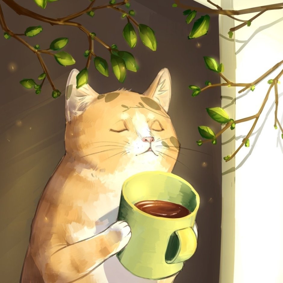 Кот с чашечкой чая арт