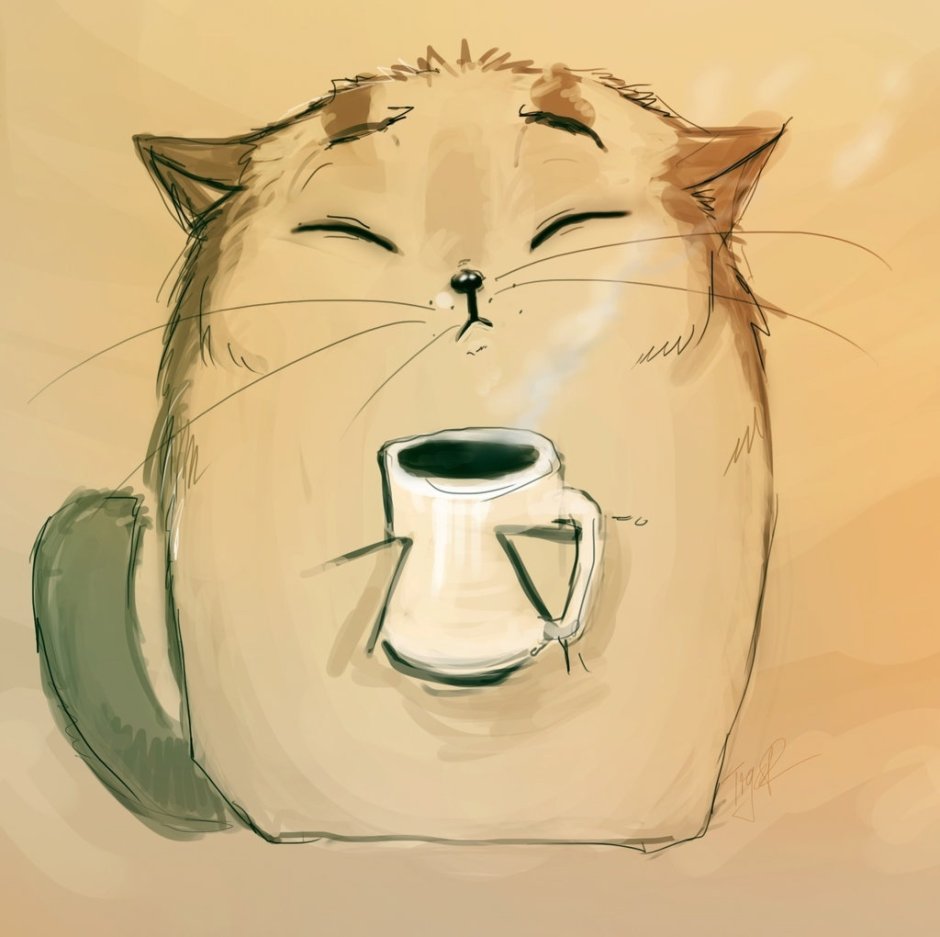 Котик с чашкой кофе